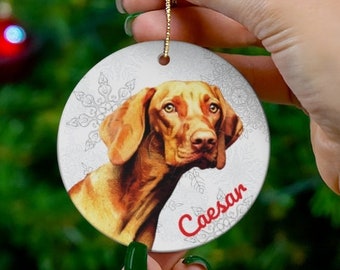 May include: A round, white ceramic Christmas ornament featuring a portrait of a brown dog with the name "Caesar" in red script. The ornament has a gold string for hanging and a snowflake design.