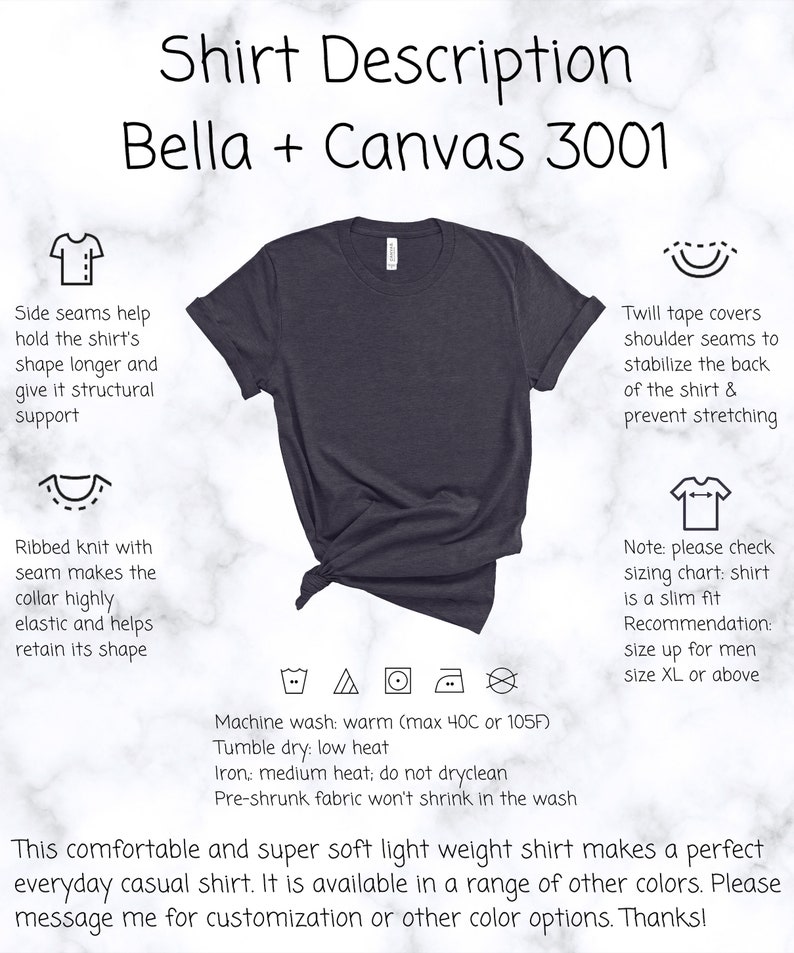 May include: A dark heather grey Bella + Canvas 3001 t-shirt. The shirt is a slim fit and has a ribbed knit collar. The shirt is pre-shrunk and machine washable. The image includes details about the shirt's construction and care instructions.
