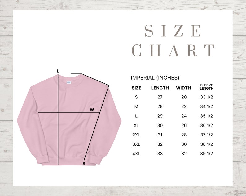 May include: Size chart for a pink sweatshirt with measurements in inches for length, width, and sleeve length. Sizes range from S to 4XL.