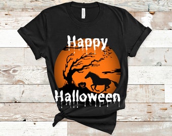 May include: Black t-shirt with a Halloween design. The design features a silhouette of a running horse, a tree, and a pumpkin against an orange moon. The words "Happy Halloween" are written in white with a dripping effect.