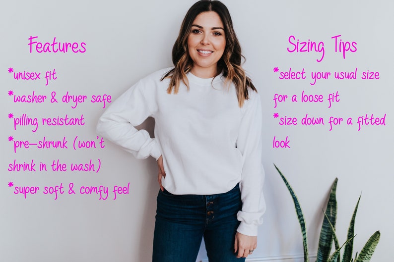 May include: A white unisex sweatshirt with long sleeves. The sweatshirt is pre-shrunk, washer and dryer safe, pilling resistant, and super soft and comfy. Sizing tips are included: select your usual size for a loose fit, or size down for a fitted look.