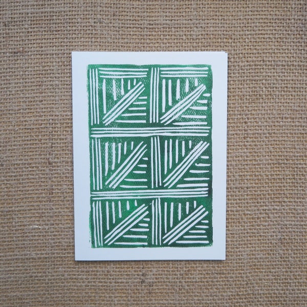 Gregg Laananen Hand Printed Lino Cut Greeting Card.  Original Abstract Pine Leaf Motif Design.  5 by 7 inch.  Skagit PNW artist.