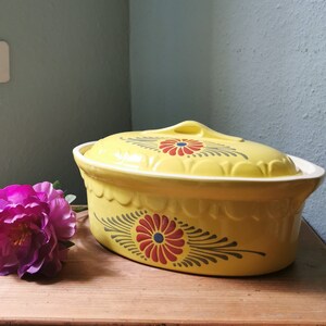 RARE Large Terrine Baeckeoffe Alsatienne yellow floral decoration France 1970, vintage Casserole Dish Folk Art Pottery Alsace Farmhouse Kitchen