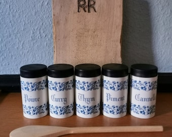 Set 5 small spice pots melaminate white/blue France cuisine country chic 1960, French spice jar shabbychic cottage rustic country