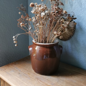 Grote Vintage Confit Pot in geglazuurde zandsteen Frankrijk 1950, vetpot met oren, Platteland, oude Franse steengoed confit pot, platteland 50
