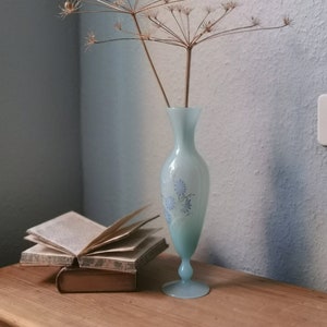 Vintage opaline blue soliflore vase, hand-painted flower decoration, Italy 1960, vintage handmade soliflore glass blue opal Italy 1960