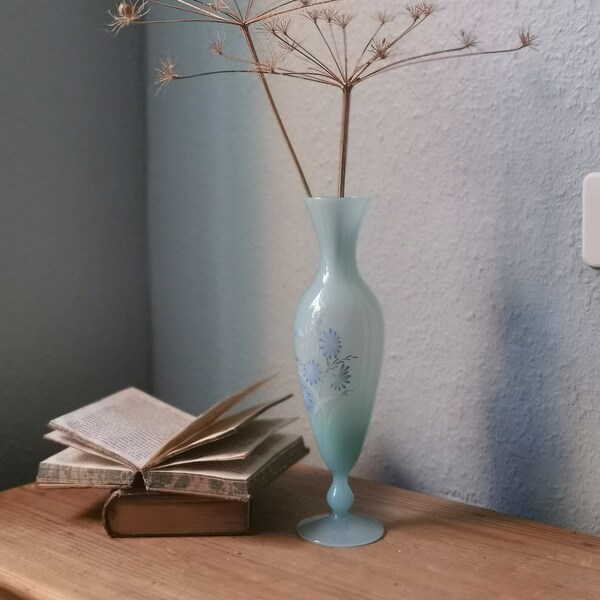 Vase En Verre Peint à La Main Vintage Années 60/70 - Décor Fleuri Multicolore - Occasion France