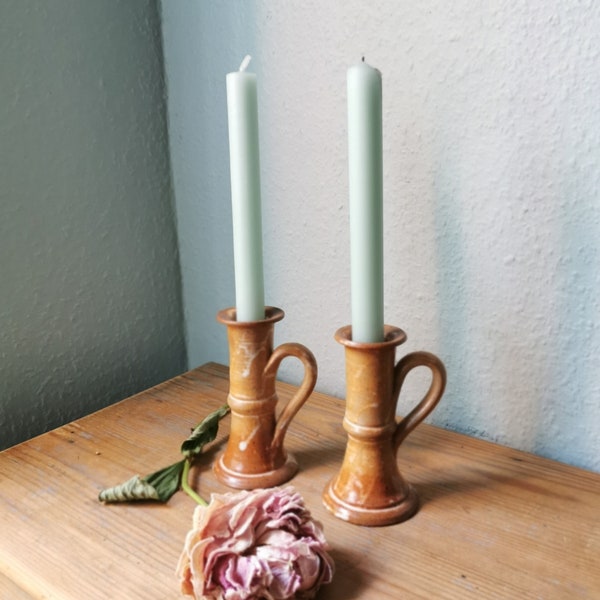 Pair of vintage handle candlesticks in pink beige sandstone France 1960, Scandinavian design candlesticks, French sandstone candlestick