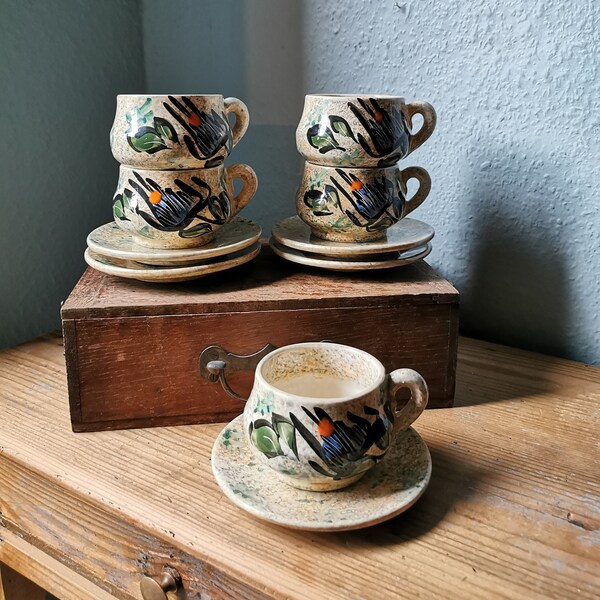 VALLAURIS 1950 service à café vintage céramique modèle rare, motif floral peint à la main, ceramic coffee service, hand-painted flower motif