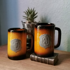 Duo of choppes/mug vintage Luc Vallauris, ceramics with tin France 1970, French ceramic