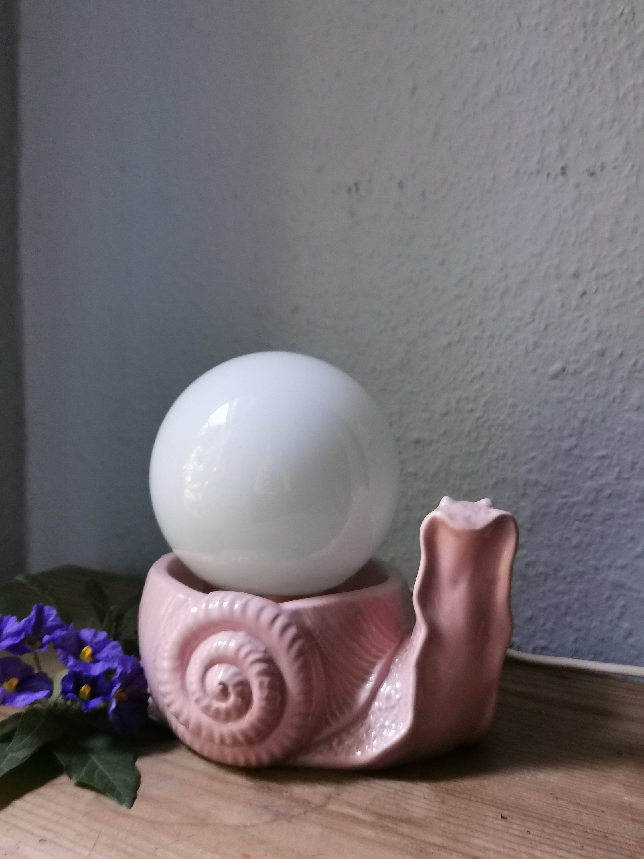 Rare Vintage Snail Lamp in Pink Ceramic With White Opaline Globe