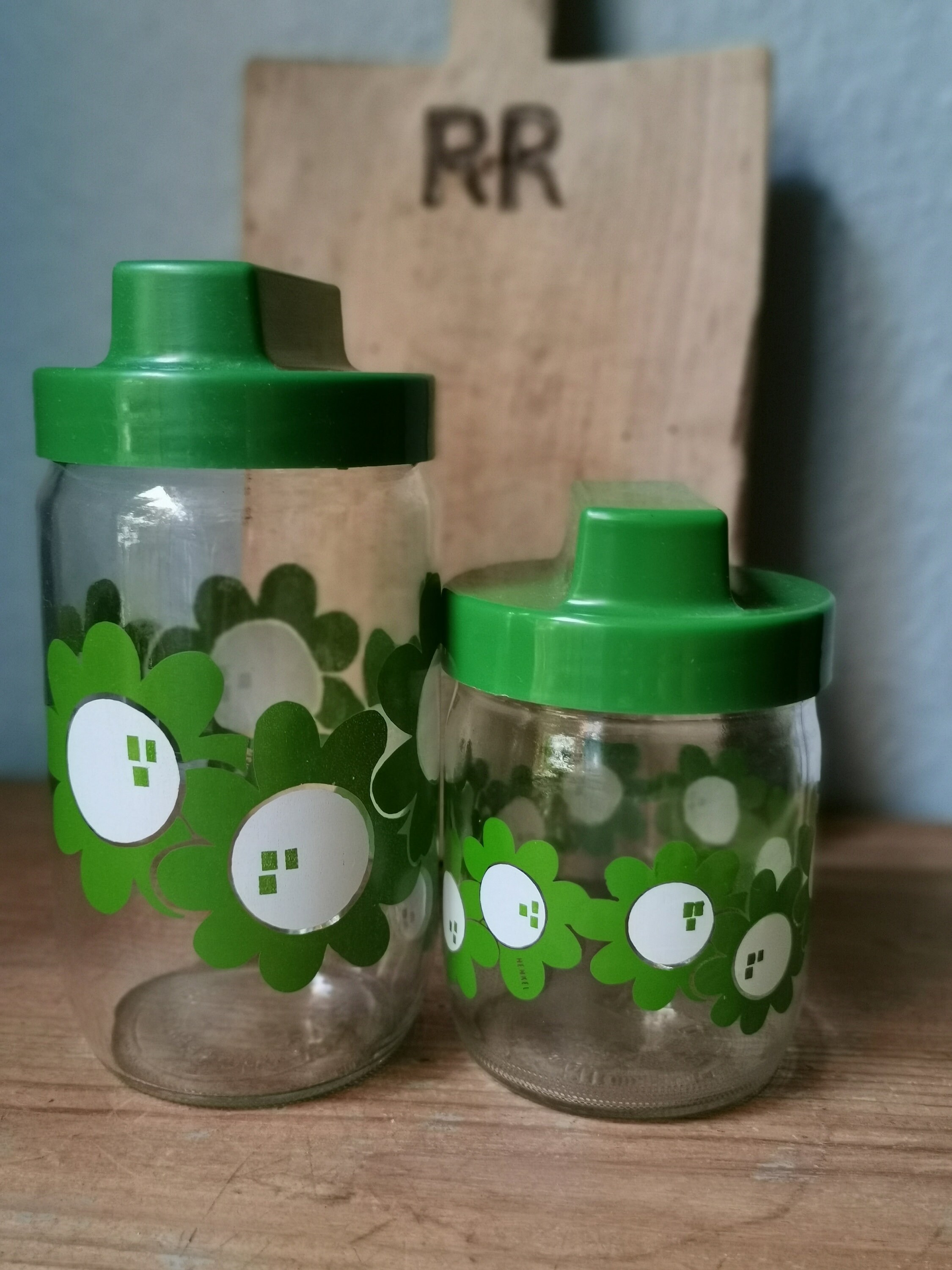 Set of 2 Vintage Glass Jars HENKEL 2 Sizes Décor Green Daisies Etsy