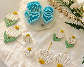 Embossed Half Daisy and Stem Clay Cutter Set, Flower Shape Pendant, Floral Shape, Spring Clay Cutter, Clay Mold, 3D Polymer Clay Cutter Set