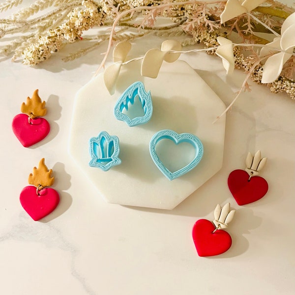 Sacred Heart Shape Clay Cutter Set, Immaculate Heart, Heart Stud, Heart Dangle Set, Cookie Cutter, 3D Polymer Clay Cutter Set