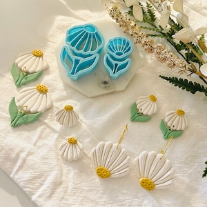 Embossed Half Daisy and Stem Clay Cutter Set, Flower Shape Pendant, Floral Shape, Spring Clay Cutter, Clay Mold, 3D Polymer Clay Cutter Set