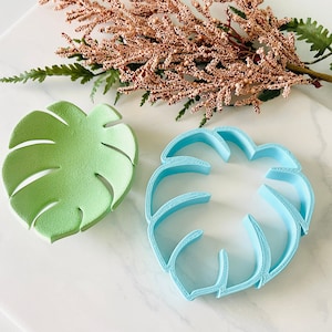 May include: Two monstera leaf shapes, one is a light green cookie cutter and the other is a blue plastic mold.