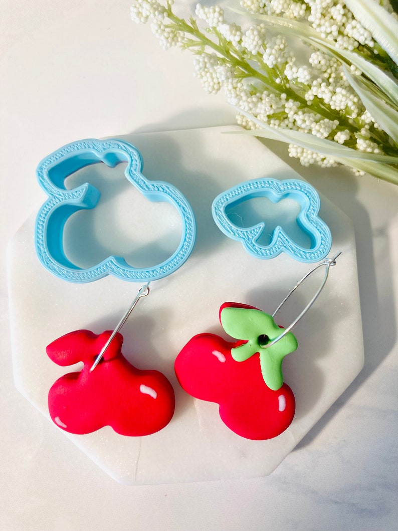 Cherry Shape, Cherries, Fruit Outline, Leaf Shape, Clay Cutter, Clay Mold, Polymer Clay Cutter, Clay Cutter, 3D Polymer Clay Cutter Set Med. Cherry w/ Leaf