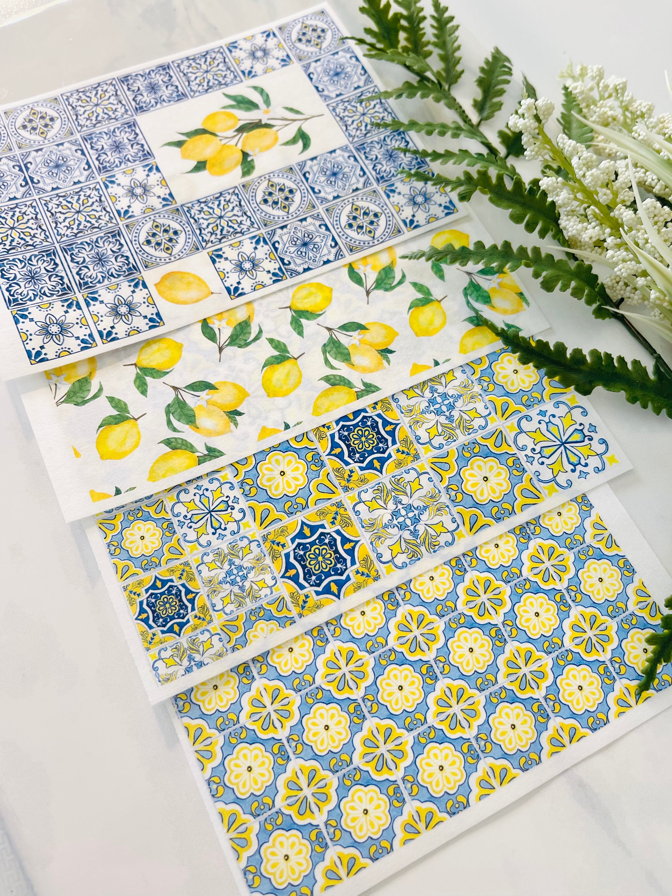 Clay Transfer Paper, Lemons & Tiles Set, Mediterranean Transfer Paper Set, Azulejo Tile, Citrus,Mosaic Tile Set, Polymer Clay, Art Supplies