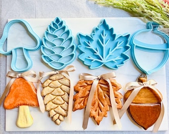 Fall Ornament Clay Cutters, Woodland Christmas Ornament Set, Mushroom Acorn Maple Leaf Pinecone