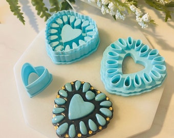 Turquoise Medallion Heart Clay Cutter Set: Polymer Clay Jewelry Mold
