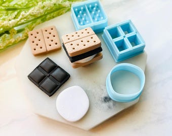 S’more Clay Cutter Set – Mini Graham Cracker, Chocolate Bar and Marshmallow Cutters | Polymer, Air Dry & Ceramic Clay Craft Supplies
