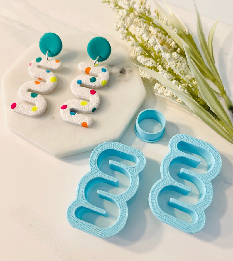 Large Zig Zag Squiggle Shape, Abstract Clay Cutter, Circle Stud, Clay Mold Set, Modern Shape, Cookie Cutter, 3D Polymer Clay Cutter Set image 1