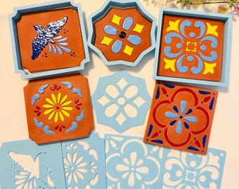 Talavera Tile Cutter & Stencil Set | 3" or 4" Spanish Tile Clay Cutter | Mediterranean Tile Stencil | Air Dry Clay or Ceramic Clay Tools