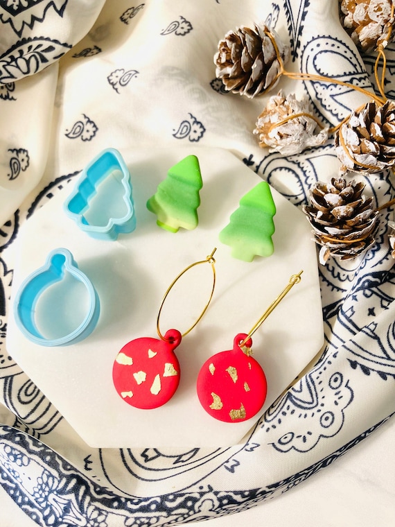 Christmas Tree & Ornament Clay Cutter Set: Holiday Stud Earrings
