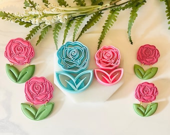 Embossed Rose and Leaves Clay Cutter Set: Floral Polymer Clay Mold