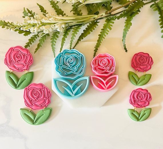 Embossed Rose and Leaves Clay Cutter Set: Floral Polymer Clay Mold