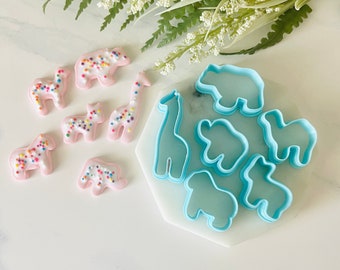 Animal Crackers Cutter Set, 6 Animal Shapes included, Bear, Giraffe, Elephant, Donkey, Camel, Gorilla, 3D Polymer Clay Cutter Set