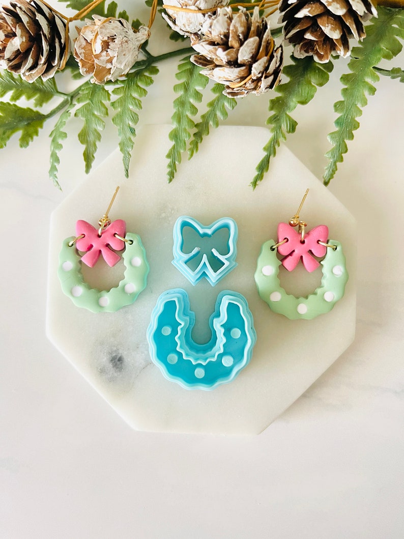 Clay Cutter Set, Christmas Wreath & Bow, Wreath and Bow, Holiday Earrings, Clay Mold Set, Christmas, Cookie Cutter, Polymer Clay Cutter Set