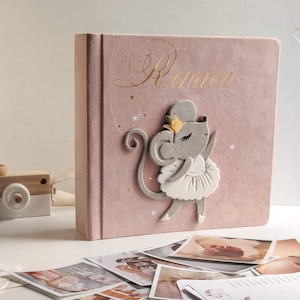 Personalized Baby girl photo album, Velvet scrapbook with Ballerina Mouse design, baby first year 4x6 polaroid, custom hand made album