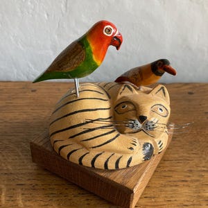 Cat and two birds - Original Vintage Art Assemblage sculpture