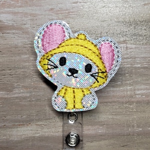 Mouse Cutie w/ Rain Jacket badge reel | animal badges | mouse badge | glitter badges | name badge holder | ID holders | badge toppers