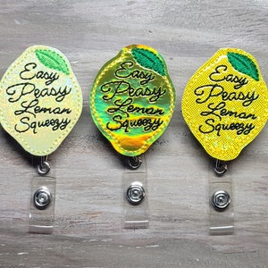 Easy Peasy Lemon Squeezy | fruits | lemons | food | funny badges | sarcastic badges | glitter badges | retractable badges | badge holders