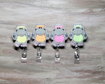 Workout Hippo badge reel | bright neons | animal badges | hippo badge | name badge holder | ID holder | badge reel | badge toppers | felties