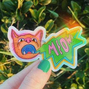 Holographic Cat Meowing Into Oblivion Sticker - 3 x 1.83in | For Cat Lover | Scrapbooking | Journal | Illustration | Decorative | Orange Cat