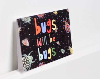 Bugs Card: 5.25 x 3.5 | Mini Greeting Card | Colorful | Card For Exterminators/Pest Control | Bug Birthday Party |Bug Lovers | Illustration