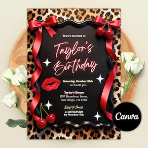 Puede incluir: Una invitación negra con el texto "Taylor's Birthday" en neón, adornada con cintas rojas, cerezas y un estampado de leopardo. La invitación incluye detalles del evento y una sección "RSVP".