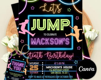 Trampolin-Geburtstagseinladung, Neon Jump Party, bearbeitbare Canva-Vorlage (digitaler Download)