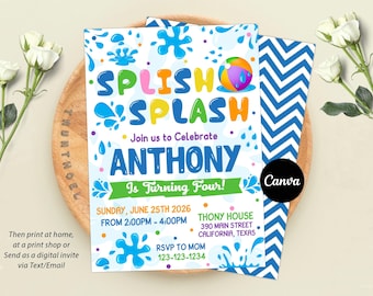Editable Splish Splash Birthday Invitation, Pool Party Birthday Invite, Beach Ball Pool Party Invitation, Birthday Bash, Summer Party Invite