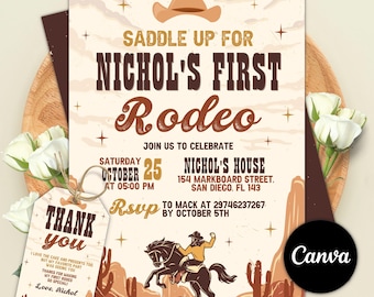 First Rodeo Invitation Template, Wild West Birthday Invite, 1st Rodeo Invite, Cowboy Birthday Invitation, Editable Canva Template