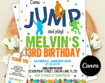 Editable Jump Birthday Invitation, Trampoline Party Invite, Bounce House Party, Let's Jump, Instant Download, Canva Template