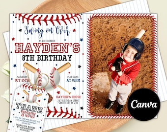 Baseball Birthday Invitation with Photo, Sports Party Invite, Rookie of the Year, Any Age, Digital Download, Editable Canva Template