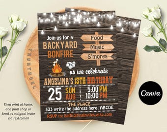 Editable Bonfire Invitation, Bonfire Birthday Party Invittaion, Backyard Bonfire Invitation, Editable with Canva