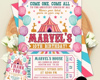 Pink Carnival Birthday Invitation, Girl Circus Birthday Party Invite, Vintage Carnival Ticket Invitation, Editable Canva Template