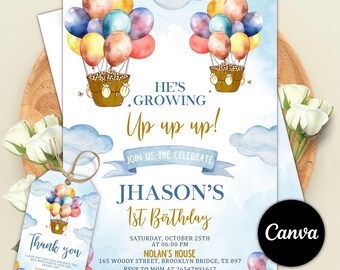 Invitación de cumpleaños con globo aerostático, fiesta de aventuras, nubes pastel (archivo digital)