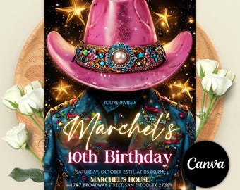 Editable Cowgirl Birthday Invitation, Space Cowgirl Invitation, Pink Cowgirl Invitation, Western Birthday Invitation, Disco Rodeo Invitation