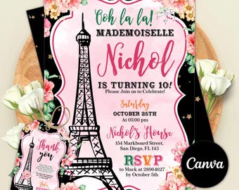 Paris Birthday Invitation, Paris Party Invitation, French Birthday Invitation, Eiffel Tower, Any Age Birthday Invite, Instant Download